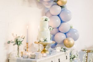 Blue & Gold dessert table with balloons 